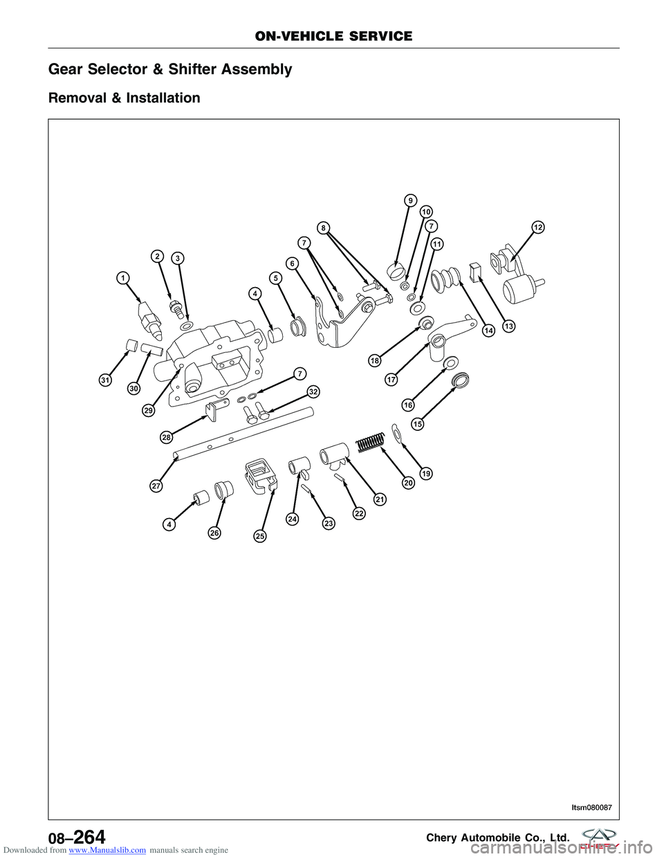 CHERY TIGGO 2009 Service Repair Manual Downloaded from www.Manualslib.com manuals search engine Gear Selector & Shifter Assembly
Removal & Installation
ON-VEHICLE SERVICE
LTSM08008708–264Chery Automobile Co., Ltd. CHERY TIGGO 2009 Service Repair Manual Downloaded from www.Manualslib.com manuals search engine Gear Selector & Shifter Assembly
Removal & Installation
ON-VEHICLE SERVICE
LTSM08008708–264Chery Automobile Co., Ltd.