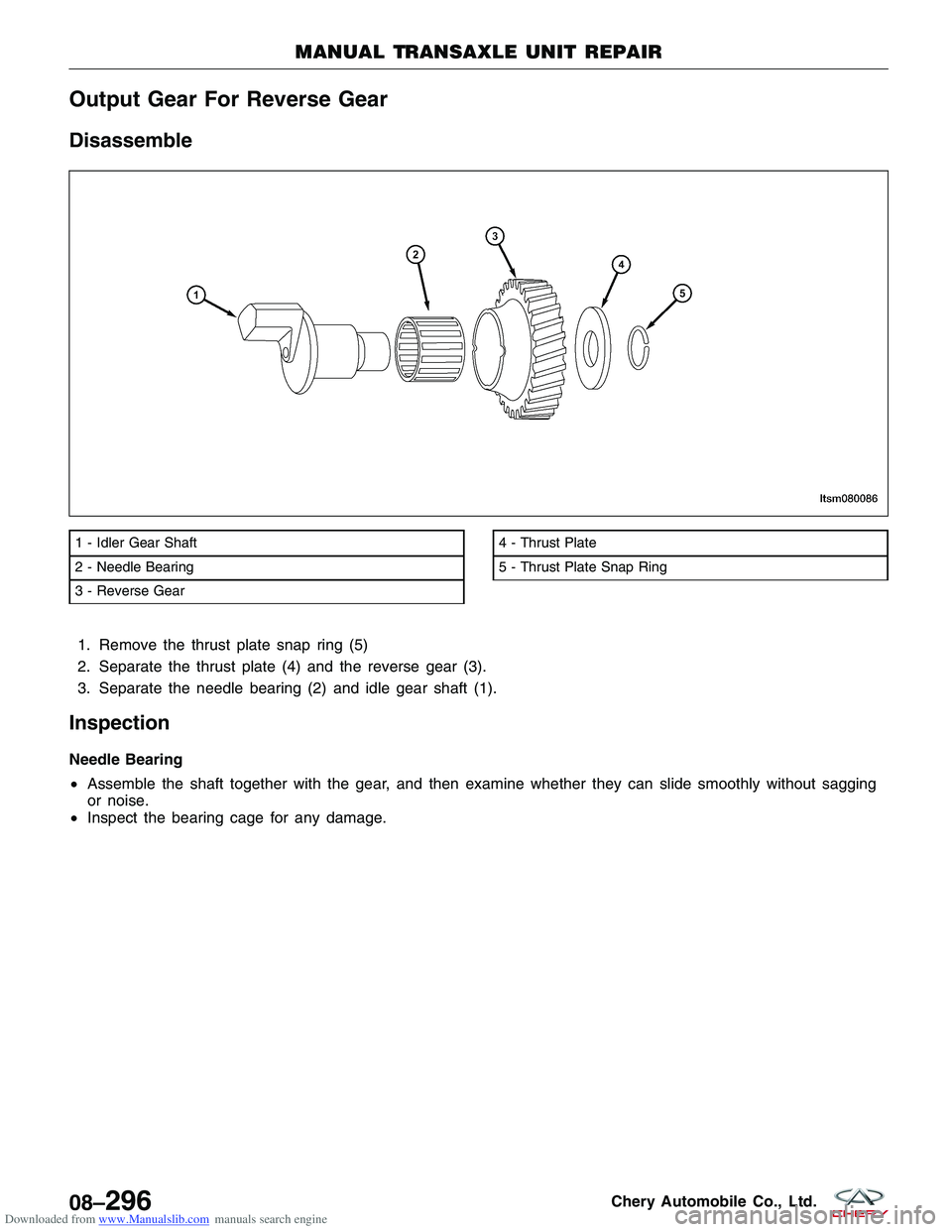 CHERY TIGGO 2009  Service Repair Manual Downloaded from www.Manualslib.com manuals search engine Output Gear For Reverse Gear
Disassemble
1. Remove the thrust plate snap ring (5)
2. Separate the thrust plate (4) and the reverse gear (3).
3.