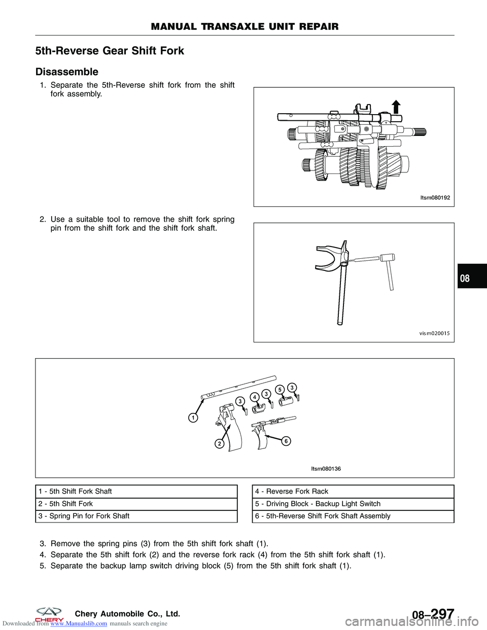 CHERY TIGGO 2009  Service Repair Manual Downloaded from www.Manualslib.com manuals search engine 5th-Reverse Gear Shift Fork
Disassemble
1. Separate the 5th-Reverse shift fork from the shiftfork assembly.
2. Use a suitable tool to remove th