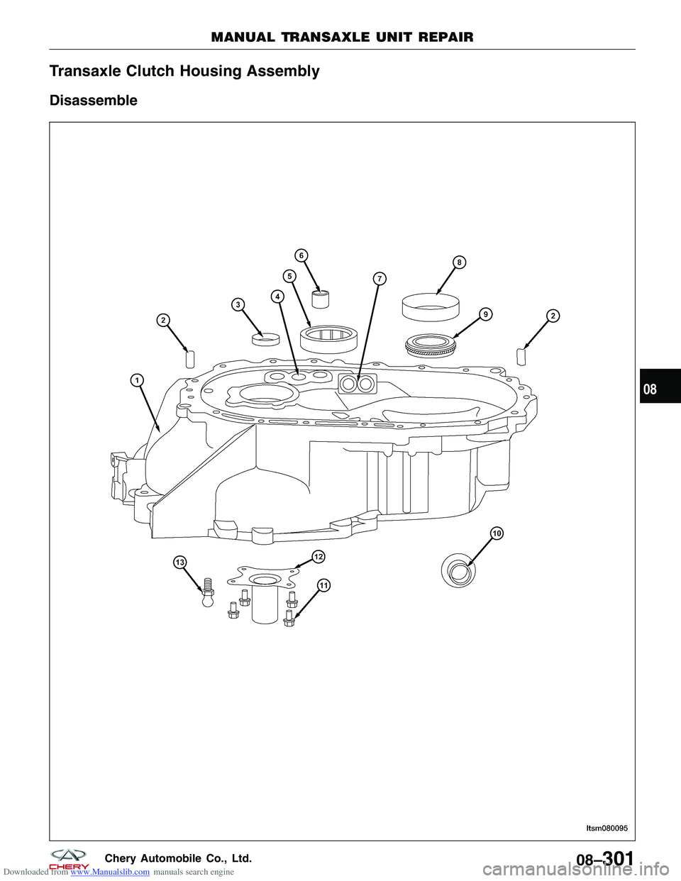 CHERY TIGGO 2009  Service Repair Manual Downloaded from www.Manualslib.com manuals search engine Transaxle Clutch Housing Assembly
Disassemble
MANUAL TRANSAXLE UNIT REPAIR
LTSM080095
08
08–301Chery Automobile Co., Ltd.  