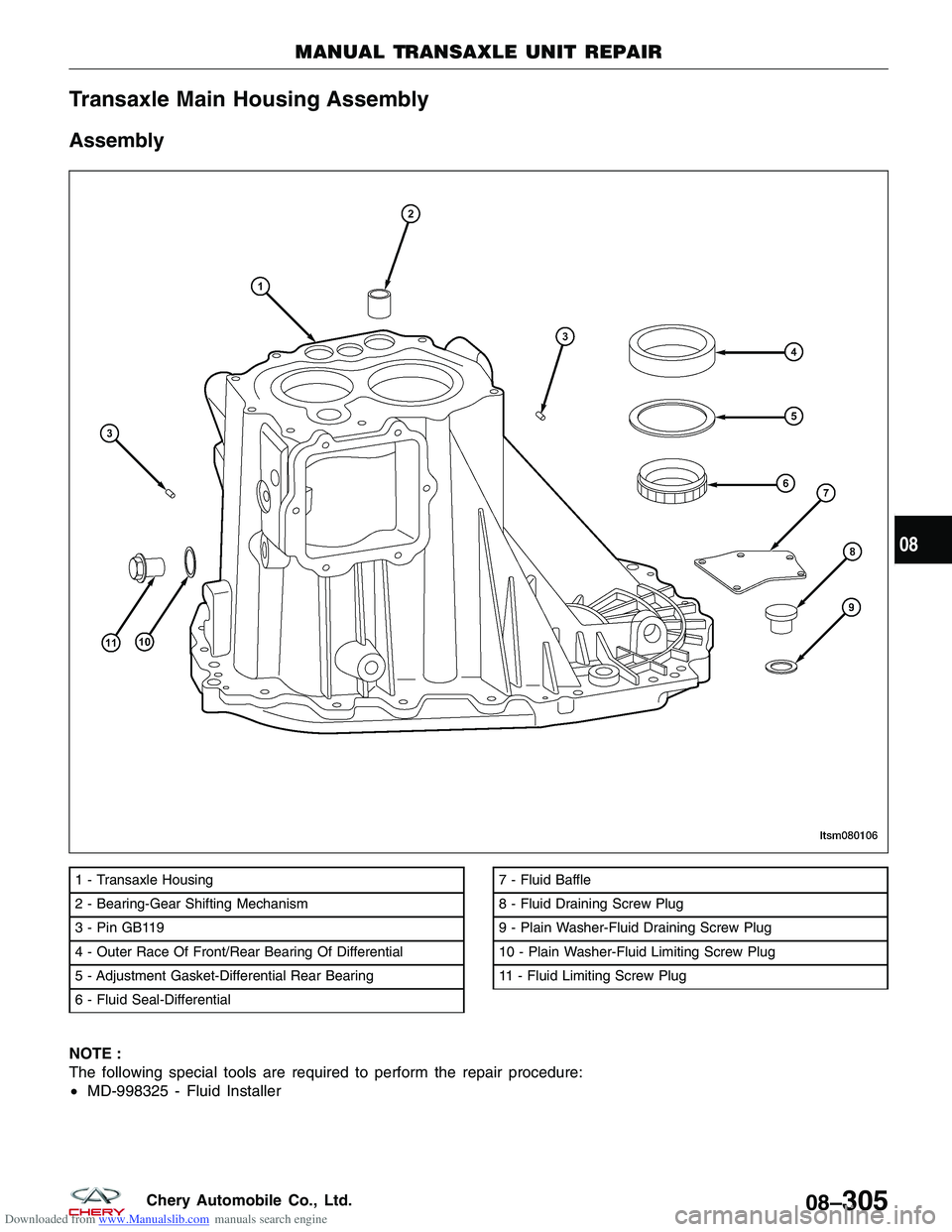CHERY TIGGO 2009 Service Repair Manual Downloaded from www.Manualslib.com manuals search engine Transaxle Main Housing Assembly
Assembly
NOTE :
The following special tools are required to perform the repair procedure:
•MD-998325 - Fluid CHERY TIGGO 2009 Service Repair Manual Downloaded from www.Manualslib.com manuals search engine Transaxle Main Housing Assembly
Assembly
NOTE :
The following special tools are required to perform the repair procedure:
•MD-998325 - Fluid
