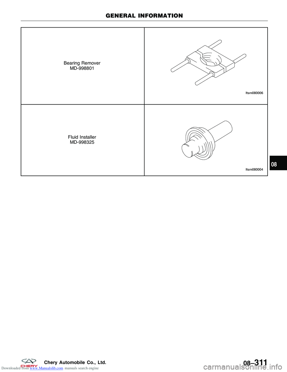 CHERY TIGGO 2009  Service Repair Manual Downloaded from www.Manualslib.com manuals search engine Bearing RemoverMD-998801
Fluid InstallerMD-998325
GENERAL INFORMATION
08
08–311Chery Automobile Co., Ltd.  
