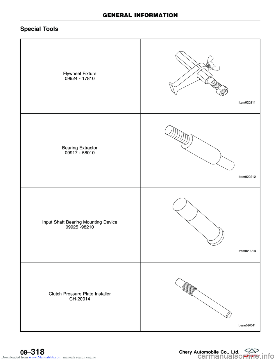 CHERY TIGGO 2009 Service Repair Manual Downloaded from www.Manualslib.com manuals search engine Special Tools
Flywheel Fixture09924 - 17810
Bearing Extractor 09917 - 58010
Input Shaft Bearing Mounting Device 09925 -98210
Clutch Pressure Pl CHERY TIGGO 2009 Service Repair Manual Downloaded from www.Manualslib.com manuals search engine Special Tools
Flywheel Fixture09924 - 17810
Bearing Extractor 09917 - 58010
Input Shaft Bearing Mounting Device 09925 -98210
Clutch Pressure Pl