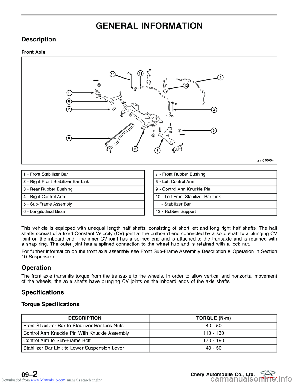CHERY TIGGO 2009 Service Repair Manual Downloaded from www.Manualslib.com manuals search engine GENERAL INFORMATION
Description
This vehicle is equipped with unequal length half shafts, consisting of short left and long right half shafts. CHERY TIGGO 2009 Service Repair Manual Downloaded from www.Manualslib.com manuals search engine GENERAL INFORMATION
Description
This vehicle is equipped with unequal length half shafts, consisting of short left and long right half shafts.