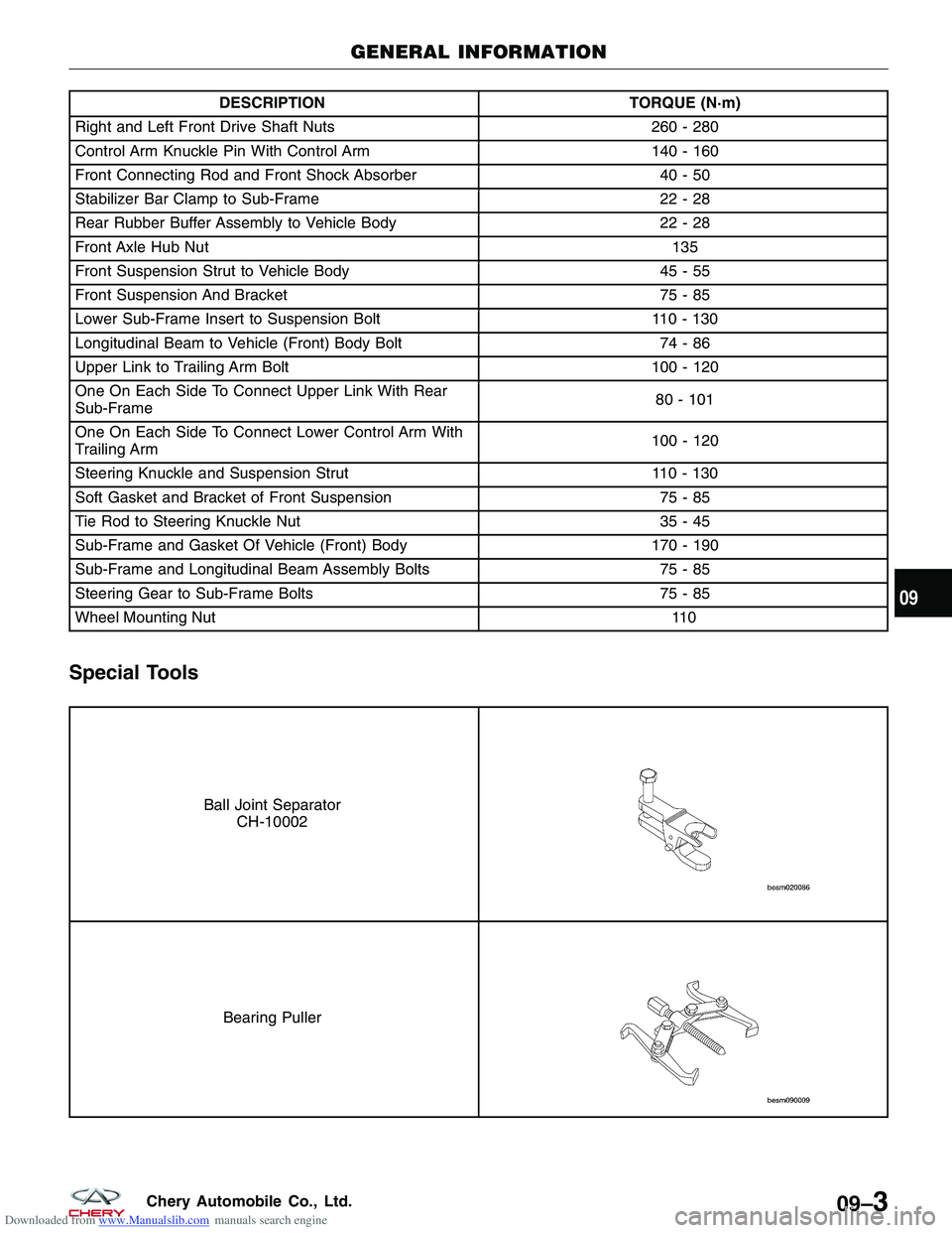 CHERY TIGGO 2009  Service Repair Manual Downloaded from www.Manualslib.com manuals search engine DESCRIPTIONTORQUE (N·m)
Right and Left Front Drive Shaft Nuts 260 - 280
Control Arm Knuckle Pin With Control Arm 140 - 160
Front Connecting Ro