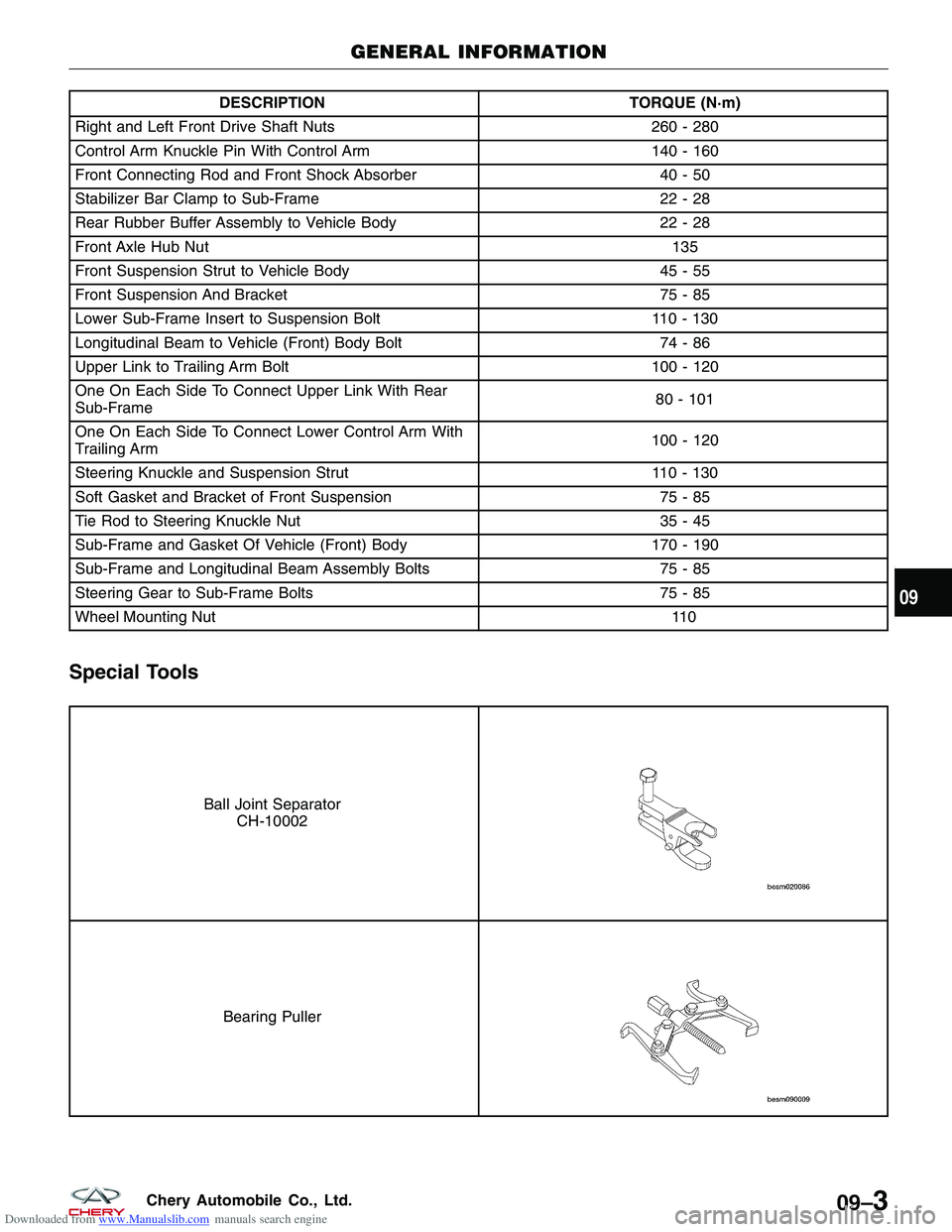 CHERY TIGGO 2009 Service Repair Manual Downloaded from www.Manualslib.com manuals search engine DESCRIPTIONTORQUE (N·m)
Right and Left Front Drive Shaft Nuts 260 - 280
Control Arm Knuckle Pin With Control Arm 140 - 160
Front Connecting Ro CHERY TIGGO 2009 Service Repair Manual Downloaded from www.Manualslib.com manuals search engine DESCRIPTIONTORQUE (N·m)
Right and Left Front Drive Shaft Nuts 260 - 280
Control Arm Knuckle Pin With Control Arm 140 - 160
Front Connecting Ro