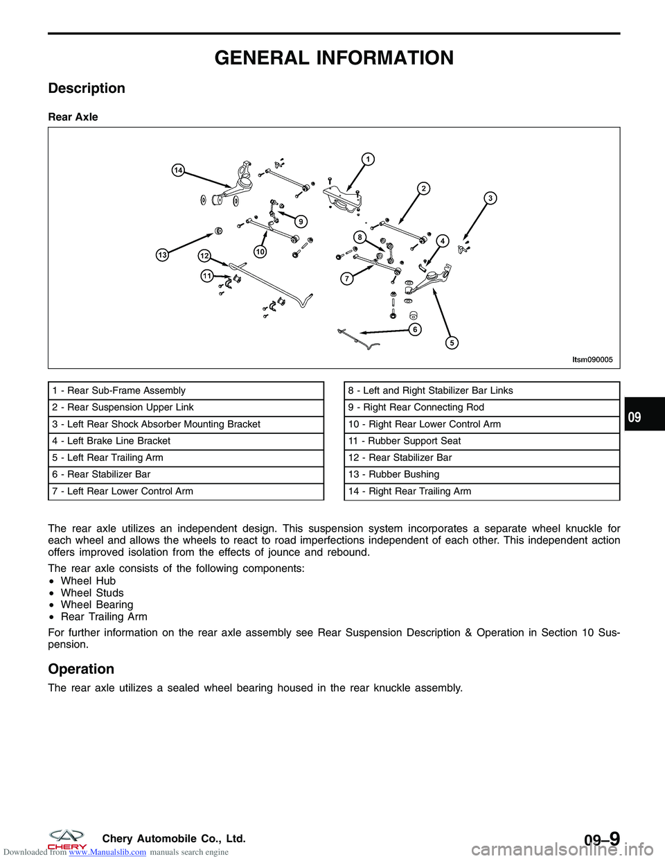 CHERY TIGGO 2009  Service Repair Manual Downloaded from www.Manualslib.com manuals search engine GENERAL INFORMATION
Description
The rear axle utilizes an independent design. This suspension system incorporates a separate wheel knuckle for
