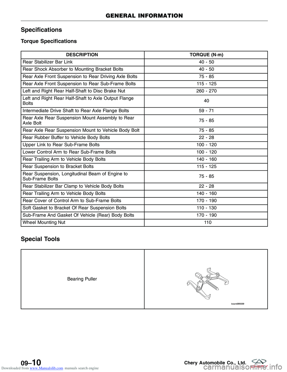 CHERY TIGGO 2009 Service Repair Manual Downloaded from www.Manualslib.com manuals search engine Specifications
Torque Specifications
DESCRIPTIONTORQUE (N·m)
Rear Stabilizer Bar Link 40 - 50
Rear Shock Absorber to Mounting Bracket Bolts 40 CHERY TIGGO 2009 Service Repair Manual Downloaded from www.Manualslib.com manuals search engine Specifications
Torque Specifications
DESCRIPTIONTORQUE (N·m)
Rear Stabilizer Bar Link 40 - 50
Rear Shock Absorber to Mounting Bracket Bolts 40
