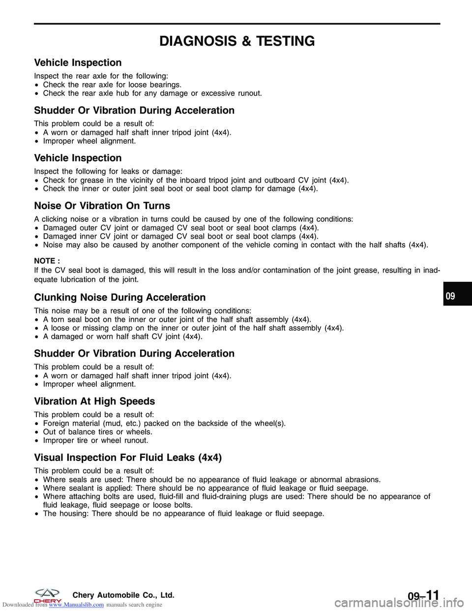 CHERY TIGGO 2009 Service Repair Manual Downloaded from www.Manualslib.com manuals search engine DIAGNOSIS & TESTING
Vehicle Inspection
Inspect the rear axle for the following:
•Check the rear axle for loose bearings.
• Check the rear a CHERY TIGGO 2009 Service Repair Manual Downloaded from www.Manualslib.com manuals search engine DIAGNOSIS & TESTING
Vehicle Inspection
Inspect the rear axle for the following:
•Check the rear axle for loose bearings.
• Check the rear a
