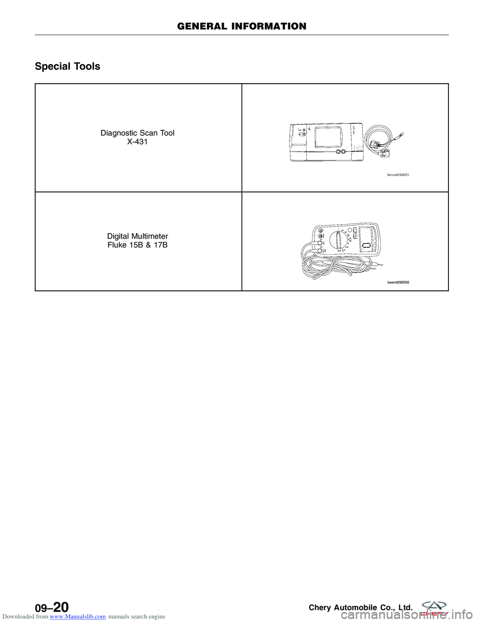 CHERY TIGGO 2009 Service Repair Manual Downloaded from www.Manualslib.com manuals search engine Special Tools
Diagnostic Scan ToolX-431
Digital MultimeterFluke 15B & 17B
GENERAL INFORMATION
09–20Chery Automobile Co., Ltd. CHERY TIGGO 2009 Service Repair Manual Downloaded from www.Manualslib.com manuals search engine Special Tools
Diagnostic Scan ToolX-431
Digital MultimeterFluke 15B & 17B
GENERAL INFORMATION
09–20Chery Automobile Co., Ltd.