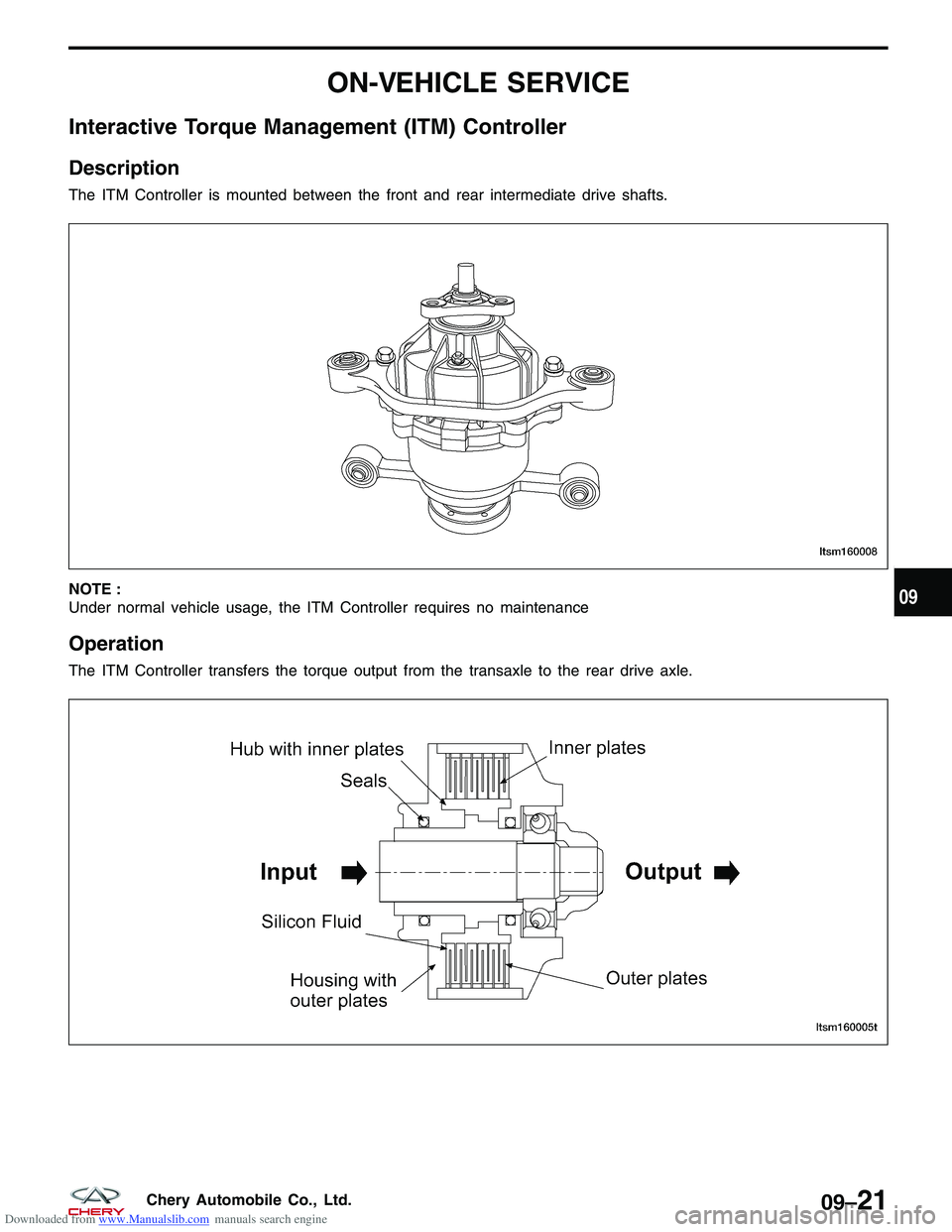 CHERY TIGGO 2009 Service Repair Manual Downloaded from www.Manualslib.com manuals search engine ON-VEHICLE SERVICE
Interactive Torque Management (ITM) Controller
Description
The ITM Controller is mounted between the front and rear intermed CHERY TIGGO 2009 Service Repair Manual Downloaded from www.Manualslib.com manuals search engine ON-VEHICLE SERVICE
Interactive Torque Management (ITM) Controller
Description
The ITM Controller is mounted between the front and rear intermed