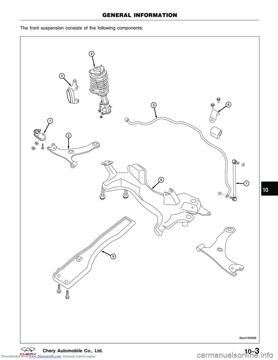 CHERY TIGGO 2009 Service Repair Manual Downloaded from www.Manualslib.com manuals search engine The front suspension consists of the following components:
GENERAL INFORMATION
LTSM100008
10
10–3Chery Automobile Co., Ltd. CHERY TIGGO 2009 Service Repair Manual Downloaded from www.Manualslib.com manuals search engine The front suspension consists of the following components:
GENERAL INFORMATION
LTSM100008
10
10–3Chery Automobile Co., Ltd.