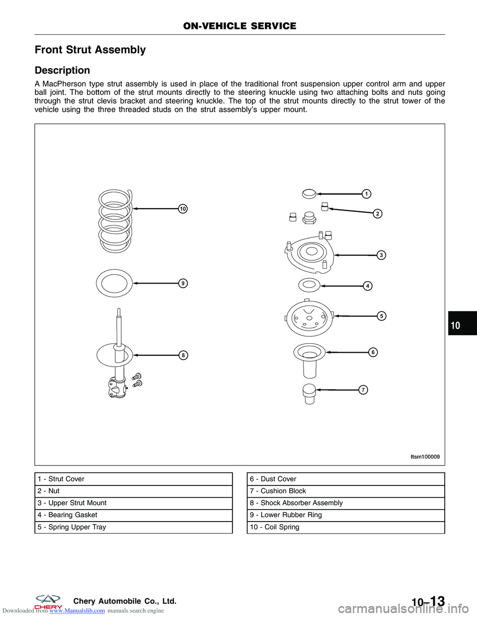 CHERY TIGGO 2009  Service Repair Manual Downloaded from www.Manualslib.com manuals search engine Front Strut Assembly
Description
A MacPherson type strut assembly is used in place of the traditional front suspension upper control arm and up