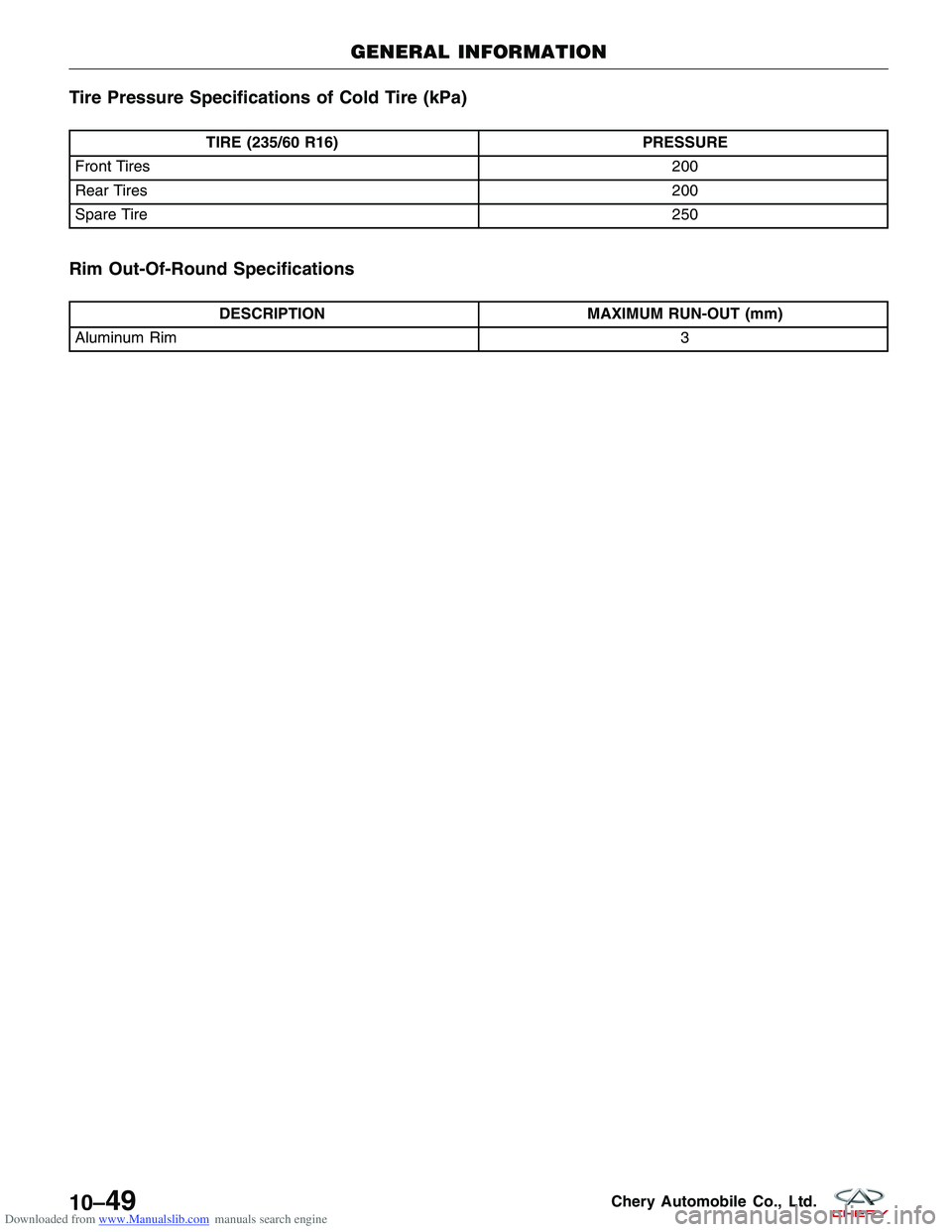 CHERY TIGGO 2009  Service Repair Manual Downloaded from www.Manualslib.com manuals search engine Tire Pressure Specifications of Cold Tire (kPa)
TIRE (235/60 R16)PRESSURE
Front Tires 200
Rear Tires 200
Spare Tire 250
Rim Out-Of-Round Specif