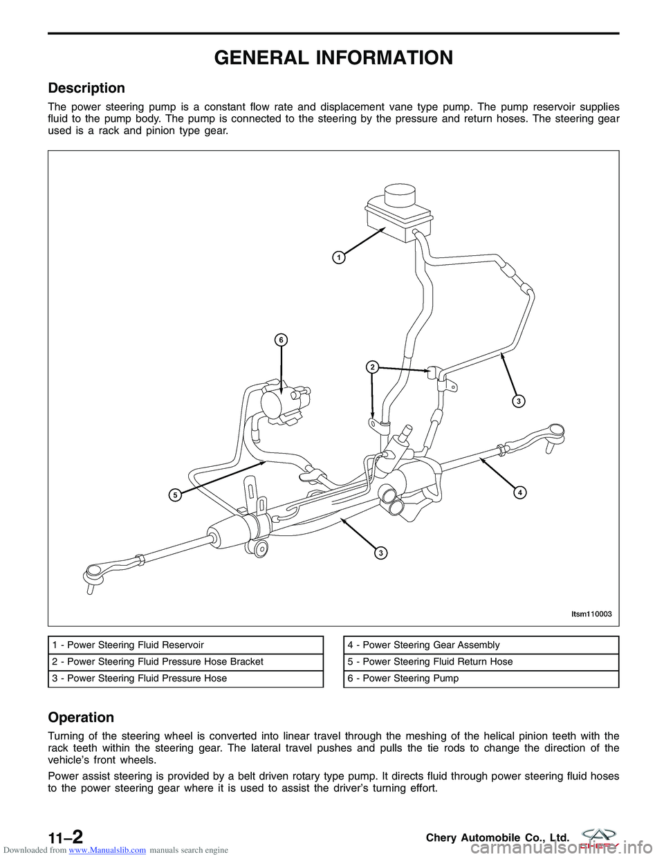 CHERY TIGGO 2009 Service Repair Manual Downloaded from www.Manualslib.com manuals search engine GENERAL INFORMATION
Description
The power steering pump is a constant flow rate and displacement vane type pump. The pump reservoir supplies
fl CHERY TIGGO 2009 Service Repair Manual Downloaded from www.Manualslib.com manuals search engine GENERAL INFORMATION
Description
The power steering pump is a constant flow rate and displacement vane type pump. The pump reservoir supplies
fl