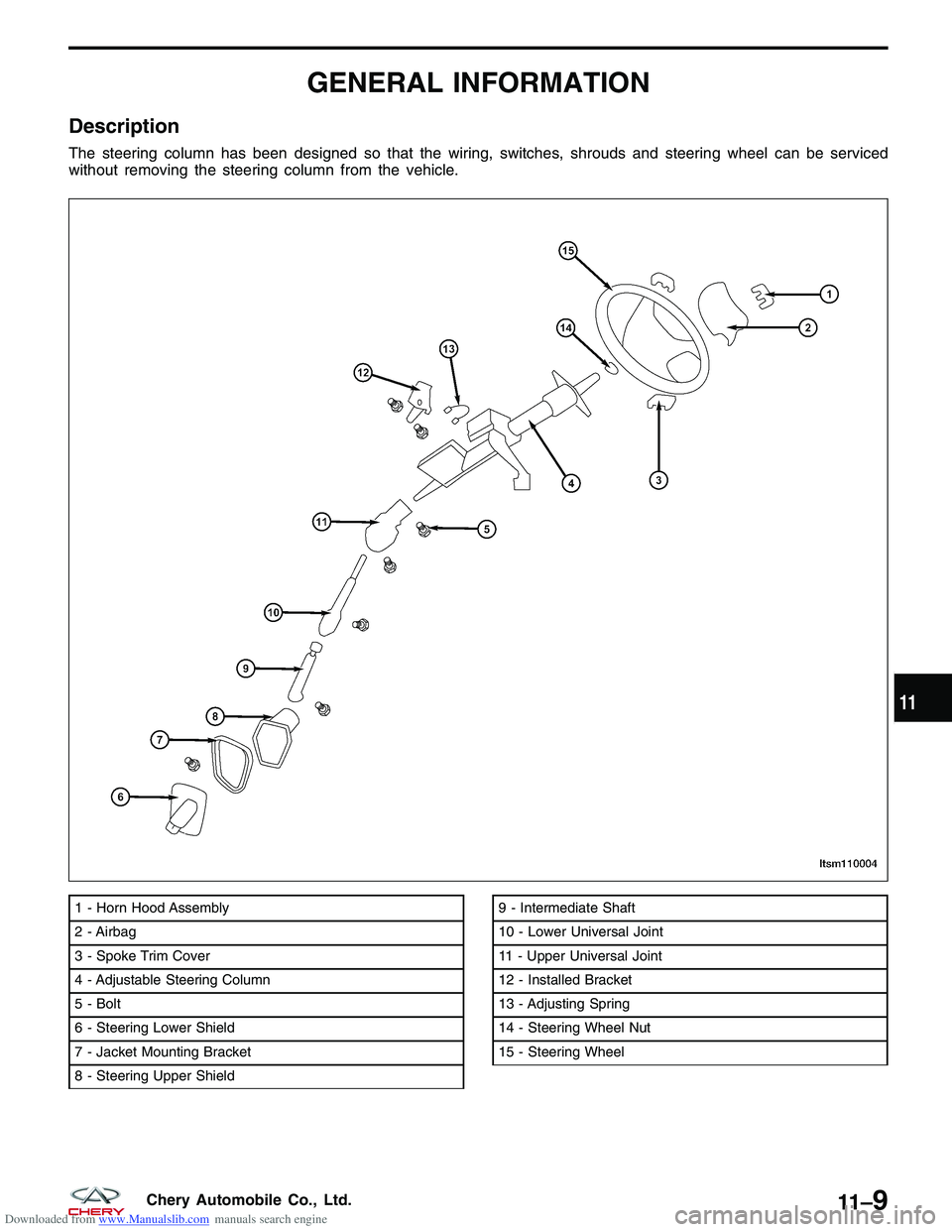CHERY TIGGO 2009 Service Repair Manual Downloaded from www.Manualslib.com manuals search engine GENERAL INFORMATION
Description
The steering column has been designed so that the wiring, switches, shrouds and steering wheel can be serviced
CHERY TIGGO 2009 Service Repair Manual Downloaded from www.Manualslib.com manuals search engine GENERAL INFORMATION
Description
The steering column has been designed so that the wiring, switches, shrouds and steering wheel can be serviced