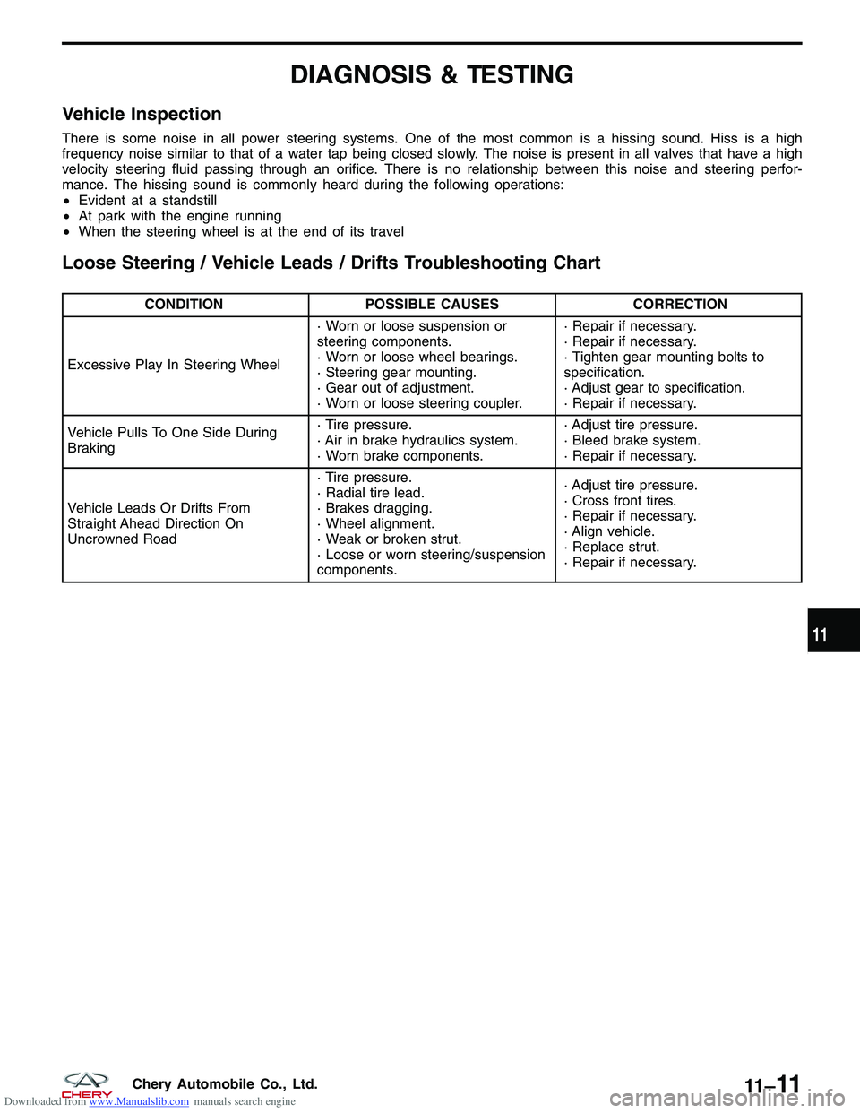 CHERY TIGGO 2009 Service Repair Manual Downloaded from www.Manualslib.com manuals search engine DIAGNOSIS & TESTING
Vehicle Inspection
There is some noise in all power steering systems. One of the most common is a hissing sound. Hiss is a CHERY TIGGO 2009 Service Repair Manual Downloaded from www.Manualslib.com manuals search engine DIAGNOSIS & TESTING
Vehicle Inspection
There is some noise in all power steering systems. One of the most common is a hissing sound. Hiss is a