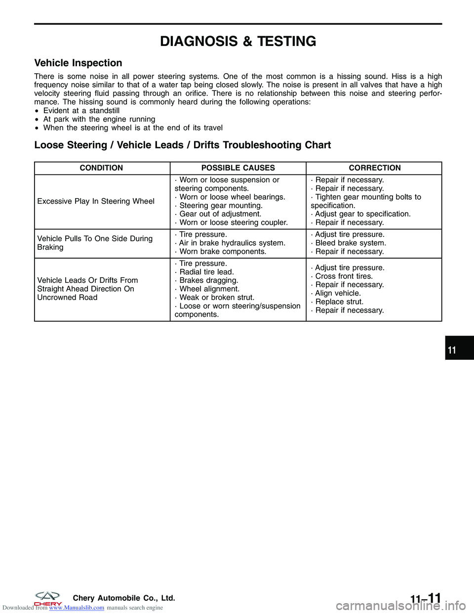 CHERY TIGGO 2009  Service Repair Manual Downloaded from www.Manualslib.com manuals search engine DIAGNOSIS & TESTING
Vehicle Inspection
There is some noise in all power steering systems. One of the most common is a hissing sound. Hiss is a 