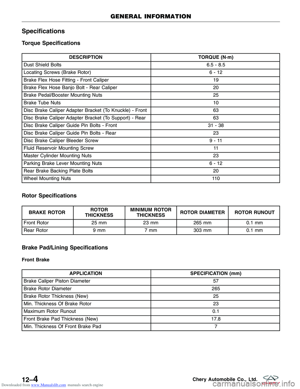 CHERY TIGGO 2009 Service Repair Manual Downloaded from www.Manualslib.com manuals search engine Specifications
Torque Specifications
DESCRIPTIONTORQUE (N·m)
Dust Shield Bolts 6.5 - 8.5
Locating Screws (Brake Rotor) 6 - 12
Brake Flex Hose CHERY TIGGO 2009 Service Repair Manual Downloaded from www.Manualslib.com manuals search engine Specifications
Torque Specifications
DESCRIPTIONTORQUE (N·m)
Dust Shield Bolts 6.5 - 8.5
Locating Screws (Brake Rotor) 6 - 12
Brake Flex Hose