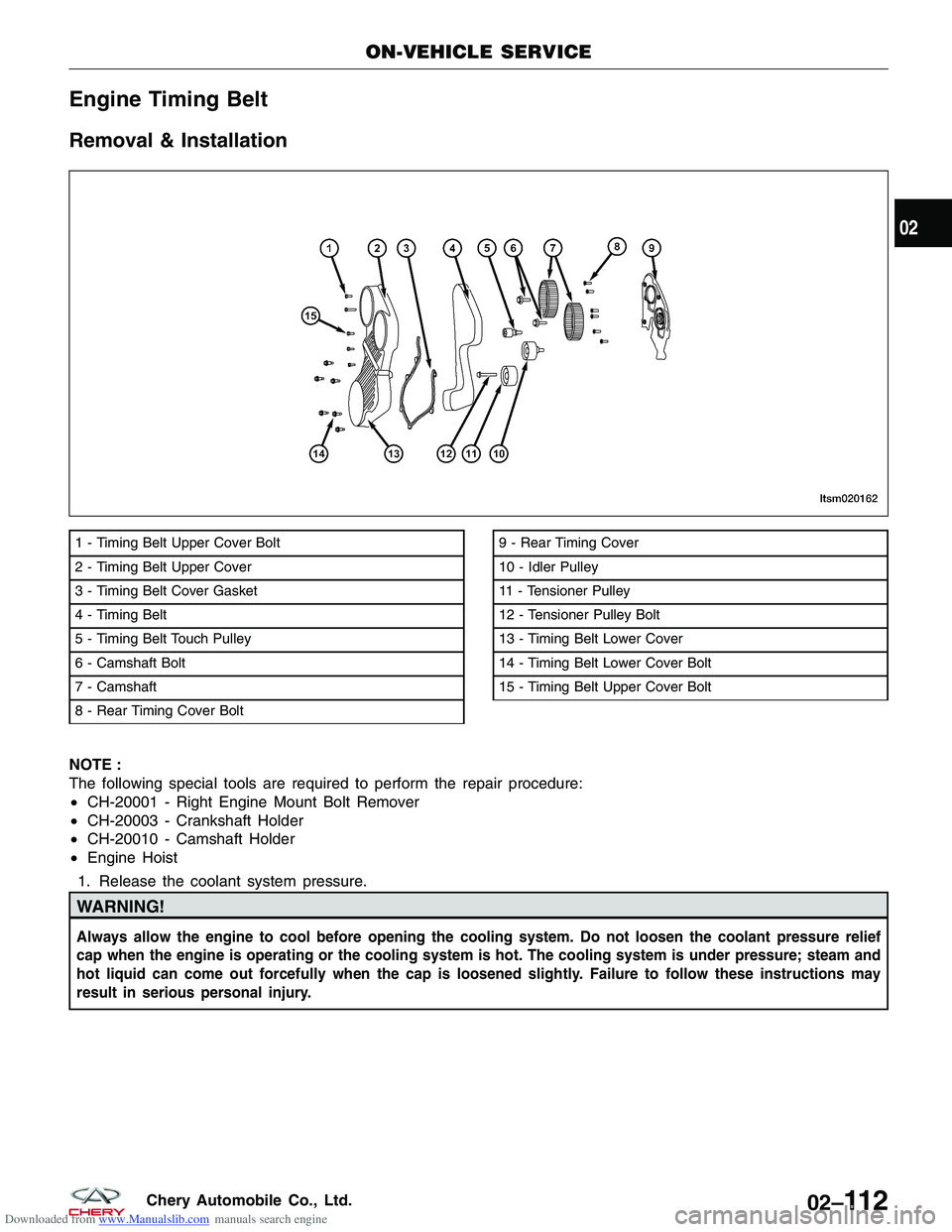 CHERY TIGGO 2009  Service User Guide Downloaded from www.Manualslib.com manuals search engine Engine Timing Belt
Removal & Installation
NOTE :
The following special tools are required to perform the repair procedure:
•CH-20001 - Right 