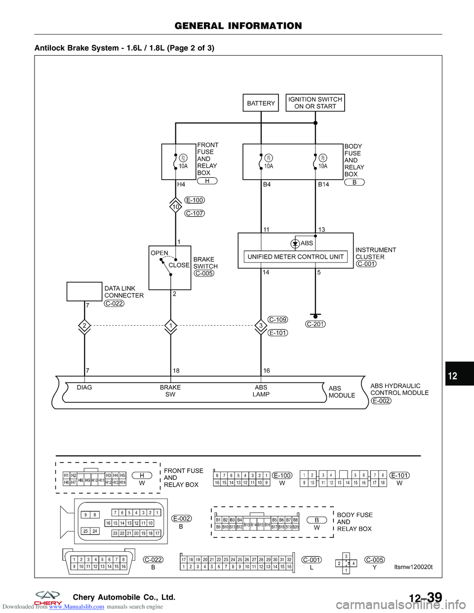 CHERY TIGGO 2009  Service Repair Manual Downloaded from www.Manualslib.com manuals search engine Antilock Brake System - 1.6L / 1.8L (Page 2 of 3)
GENERAL INFORMATION
LTSMW120020T
12
12–39Chery Automobile Co., Ltd.  