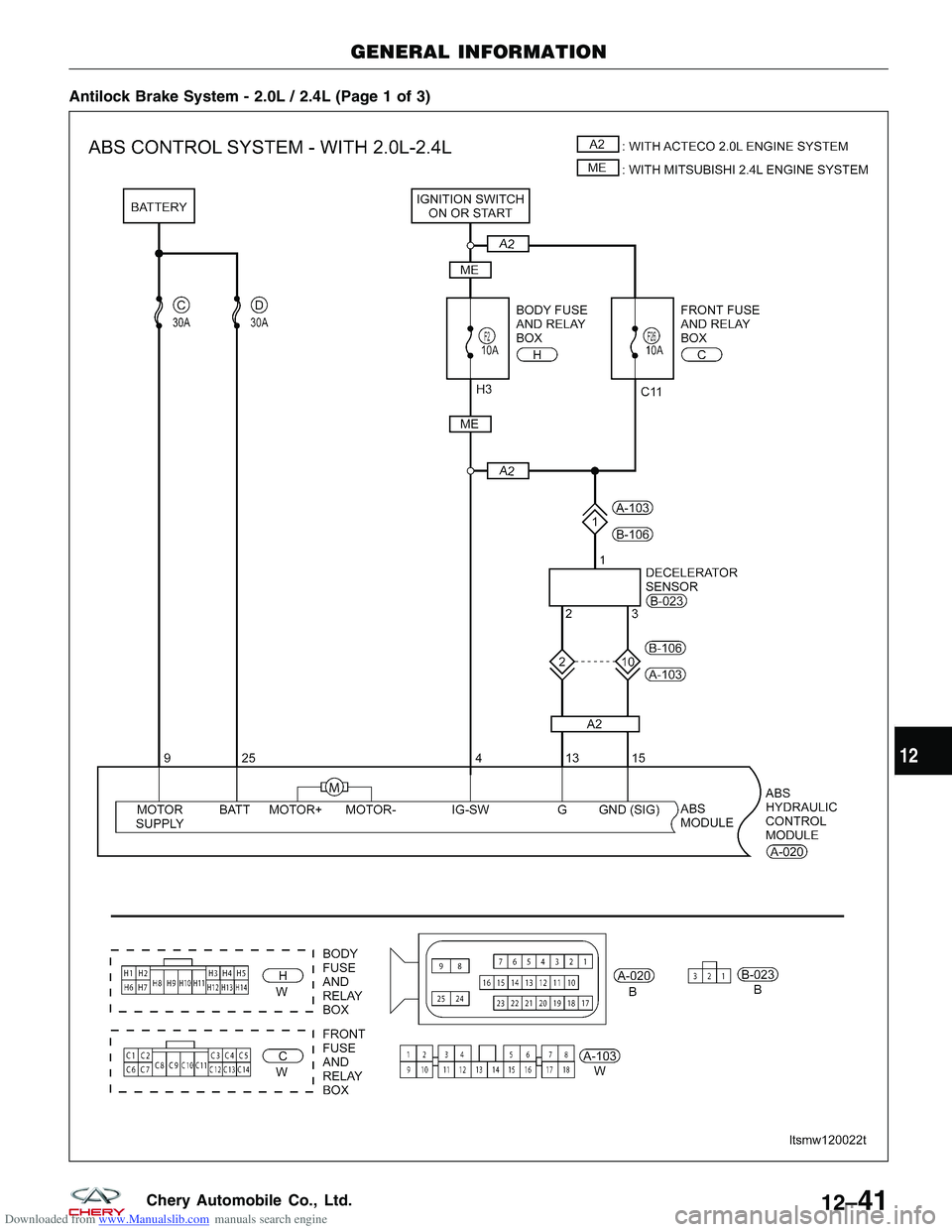 CHERY TIGGO 2009  Service Repair Manual Downloaded from www.Manualslib.com manuals search engine Antilock Brake System - 2.0L / 2.4L (Page 1 of 3)
GENERAL INFORMATION
LTSMW120022T
12
12–41Chery Automobile Co., Ltd.  