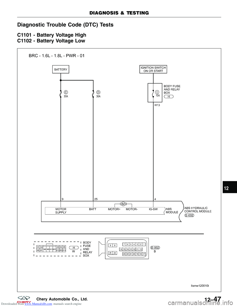 CHERY TIGGO 2009  Service Repair Manual Downloaded from www.Manualslib.com manuals search engine Diagnostic Trouble Code (DTC) Tests
C1101 - Battery Voltage High
C1102 - Battery Voltage Low
DIAGNOSIS & TESTING
LTSMW120010T
12
12–47Chery A