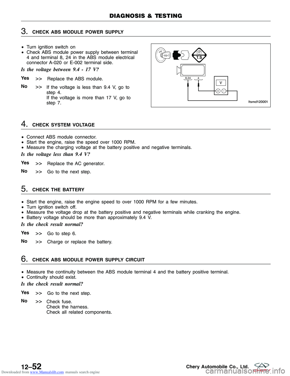 CHERY TIGGO 2009 Service Repair Manual Downloaded from www.Manualslib.com manuals search engine 3.CHECK ABS MODULE POWER SUPPLY
• Turn ignition switch on
• Check ABS module power supply between terminal
4 and terminal 8, 24 in the ABS CHERY TIGGO 2009 Service Repair Manual Downloaded from www.Manualslib.com manuals search engine 3.CHECK ABS MODULE POWER SUPPLY
• Turn ignition switch on
• Check ABS module power supply between terminal
4 and terminal 8, 24 in the ABS