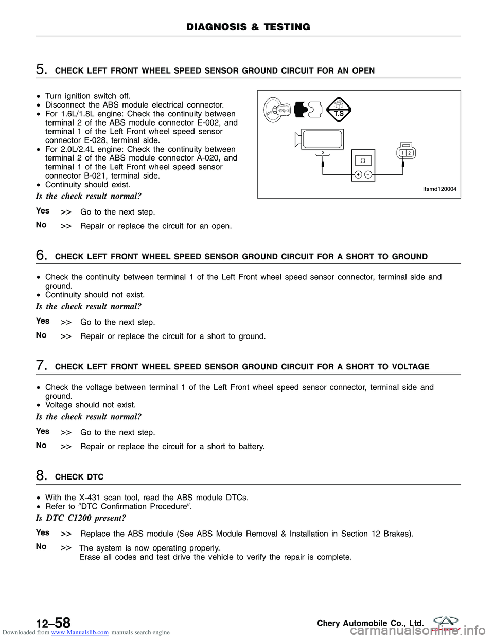CHERY TIGGO 2009  Service Service Manual Downloaded from www.Manualslib.com manuals search engine 5.CHECK LEFT FRONT WHEEL SPEED SENSOR GROUND CIRCUIT FOR AN OPEN
• Turn ignition switch off.
• Disconnect the ABS module electrical connect