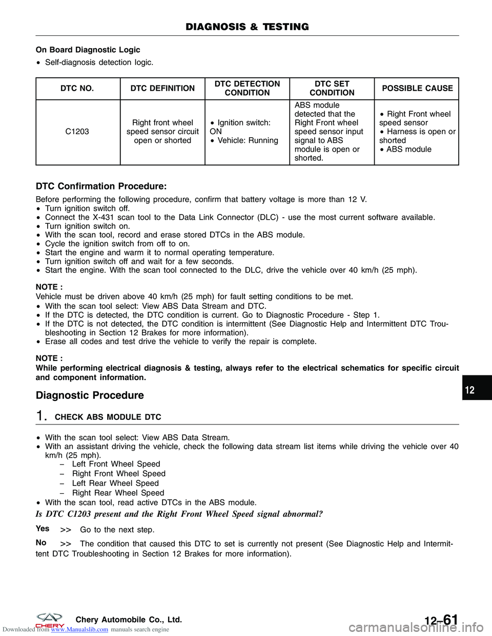 CHERY TIGGO 2009  Service Service Manual Downloaded from www.Manualslib.com manuals search engine On Board Diagnostic Logic
•Self-diagnosis detection logic.
DTC NO. DTC DEFINITION DTC DETECTION
CONDITION DTC SET
CONDITION POSSIBLE CAUSE
C1