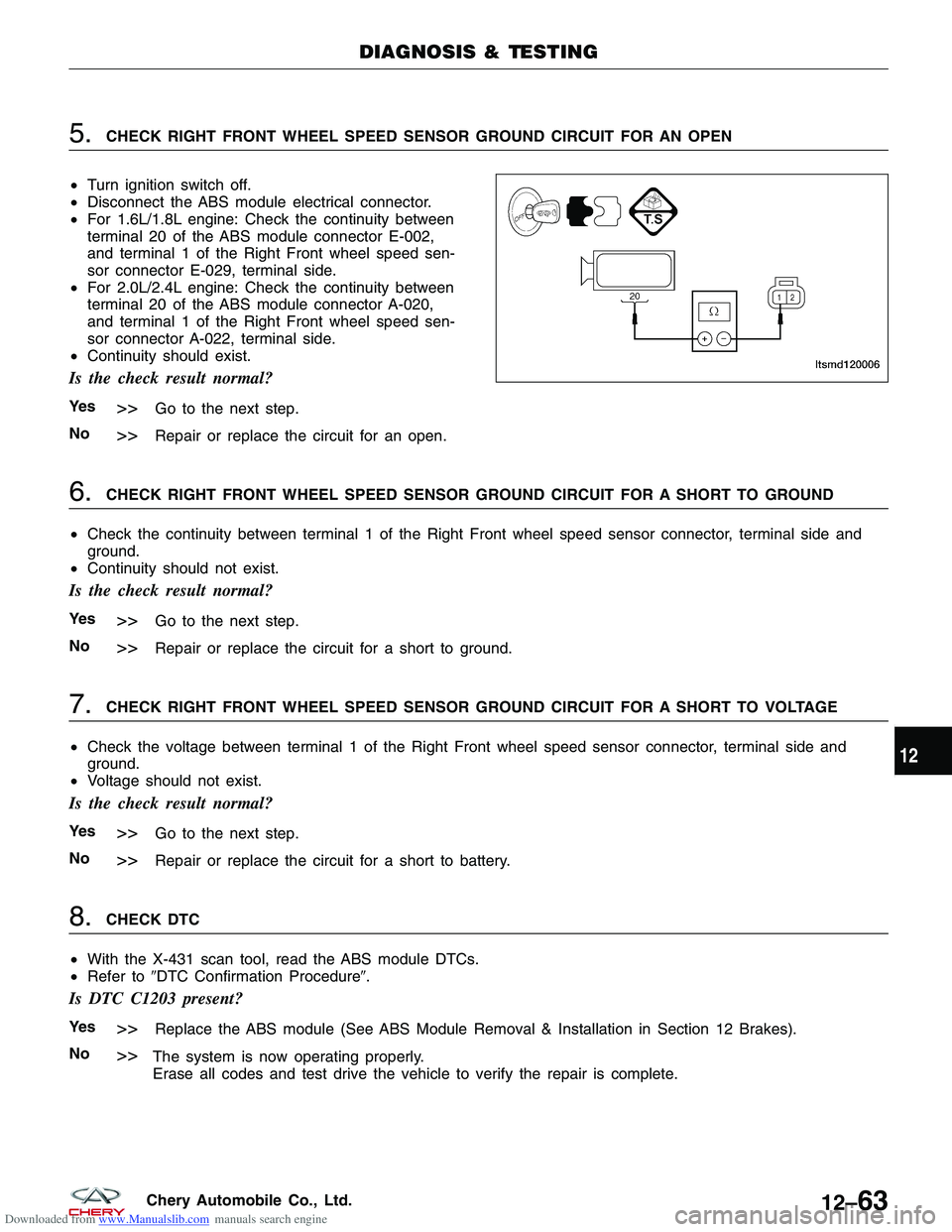 CHERY TIGGO 2009  Service Service Manual Downloaded from www.Manualslib.com manuals search engine 5.CHECK RIGHT FRONT WHEEL SPEED SENSOR GROUND CIRCUIT FOR AN OPEN
• Turn ignition switch off.
• Disconnect the ABS module electrical connec