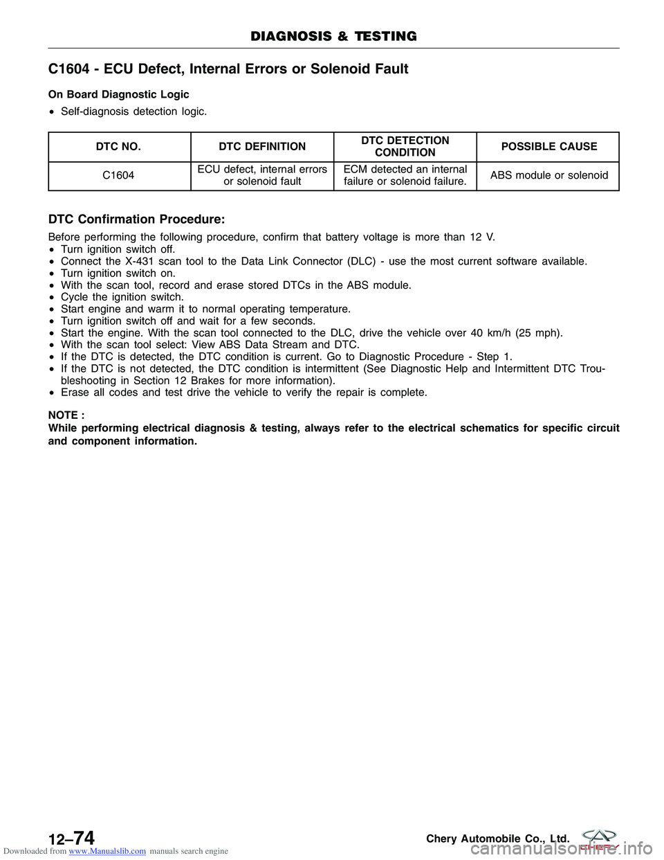 CHERY TIGGO 2009 Service Repair Manual Downloaded from www.Manualslib.com manuals search engine C1604 - ECU Defect, Internal Errors or Solenoid Fault
On Board Diagnostic Logic
•Self-diagnosis detection logic.
DTC NO. DTC DEFINITION DTC D CHERY TIGGO 2009 Service Repair Manual Downloaded from www.Manualslib.com manuals search engine C1604 - ECU Defect, Internal Errors or Solenoid Fault
On Board Diagnostic Logic
•Self-diagnosis detection logic.
DTC NO. DTC DEFINITION DTC D