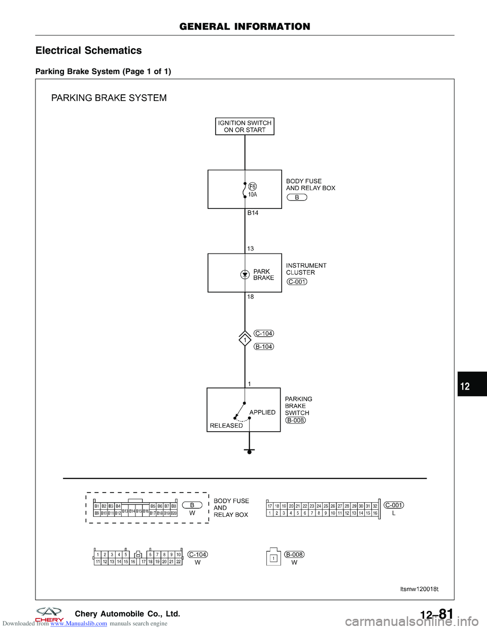 CHERY TIGGO 2009 Service Repair Manual Downloaded from www.Manualslib.com manuals search engine Electrical Schematics
Parking Brake System (Page 1 of 1)
GENERAL INFORMATION
LTSMW120018T
12
12–81Chery Automobile Co., Ltd. CHERY TIGGO 2009 Service Repair Manual Downloaded from www.Manualslib.com manuals search engine Electrical Schematics
Parking Brake System (Page 1 of 1)
GENERAL INFORMATION
LTSMW120018T
12
12–81Chery Automobile Co., Ltd.