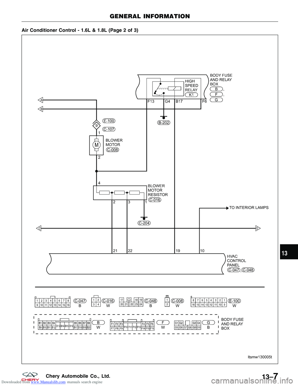 CHERY TIGGO 2009  Service Repair Manual Downloaded from www.Manualslib.com manuals search engine Air Conditioner Control - 1.6L & 1.8L (Page 2 of 3)
GENERAL INFORMATION
LTSMW130005T
13
13–7Chery Automobile Co., Ltd.  