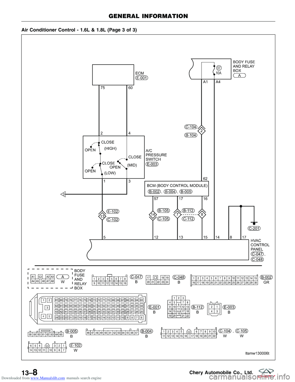 CHERY TIGGO 2009  Service Repair Manual Downloaded from www.Manualslib.com manuals search engine Air Conditioner Control - 1.6L & 1.8L (Page 3 of 3)
GENERAL INFORMATION
LTSMW130006T
13–8Chery Automobile Co., Ltd.  