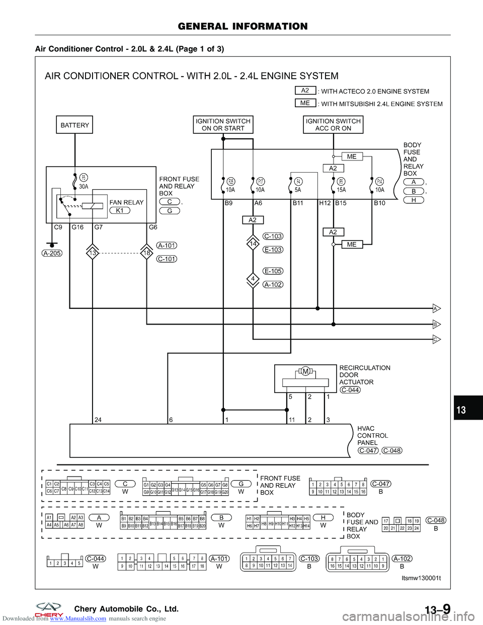 CHERY TIGGO 2009 Service Repair Manual Downloaded from www.Manualslib.com manuals search engine Air Conditioner Control - 2.0L & 2.4L (Page 1 of 3)
GENERAL INFORMATION
LTSMW130001T
13
13–9Chery Automobile Co., Ltd. CHERY TIGGO 2009 Service Repair Manual Downloaded from www.Manualslib.com manuals search engine Air Conditioner Control - 2.0L & 2.4L (Page 1 of 3)
GENERAL INFORMATION
LTSMW130001T
13
13–9Chery Automobile Co., Ltd.