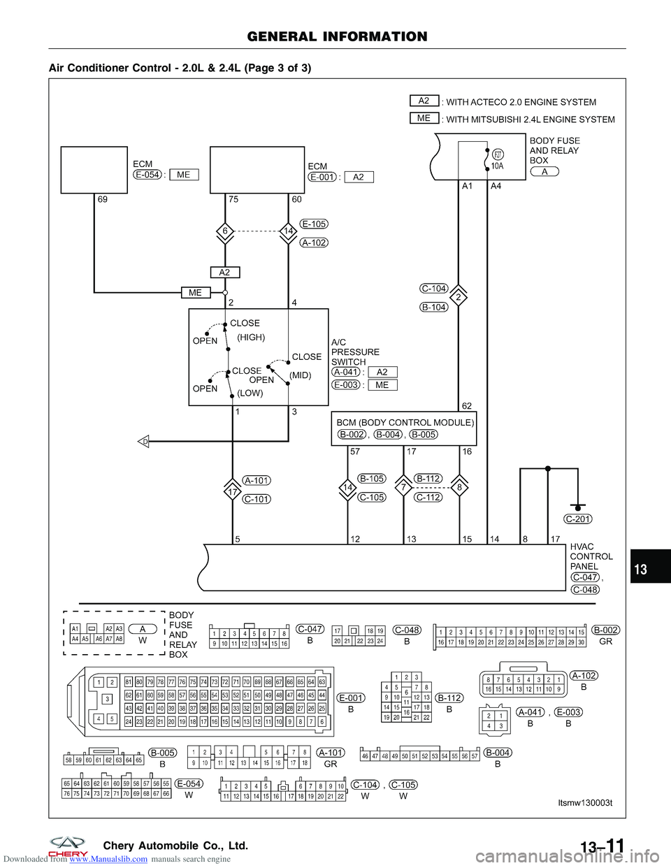 CHERY TIGGO 2009 Service Repair Manual Downloaded from www.Manualslib.com manuals search engine Air Conditioner Control - 2.0L & 2.4L (Page 3 of 3)
GENERAL INFORMATION
LTSMW130003T
13
13–11Chery Automobile Co., Ltd. CHERY TIGGO 2009 Service Repair Manual Downloaded from www.Manualslib.com manuals search engine Air Conditioner Control - 2.0L & 2.4L (Page 3 of 3)
GENERAL INFORMATION
LTSMW130003T
13
13–11Chery Automobile Co., Ltd.