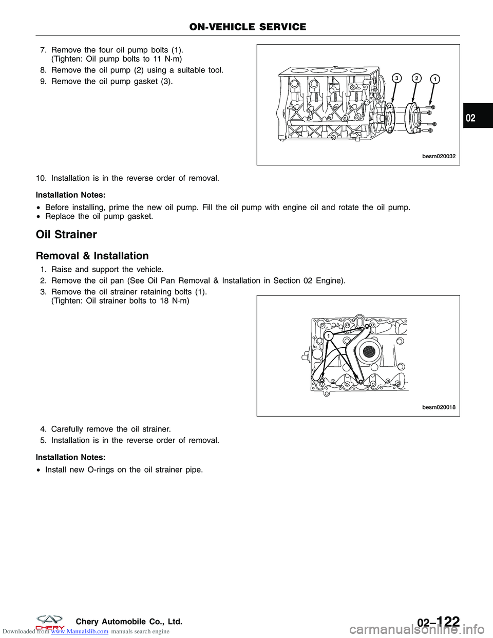 CHERY TIGGO 2009 Service Repair Manual Downloaded from www.Manualslib.com manuals search engine 7. Remove the four oil pump bolts (1).(Tighten: Oil pump bolts to 11 N·m)
8. Remove the oil pump (2) using a suitable tool.
9. Remove the oil CHERY TIGGO 2009 Service Repair Manual Downloaded from www.Manualslib.com manuals search engine 7. Remove the four oil pump bolts (1).(Tighten: Oil pump bolts to 11 N·m)
8. Remove the oil pump (2) using a suitable tool.
9. Remove the oil