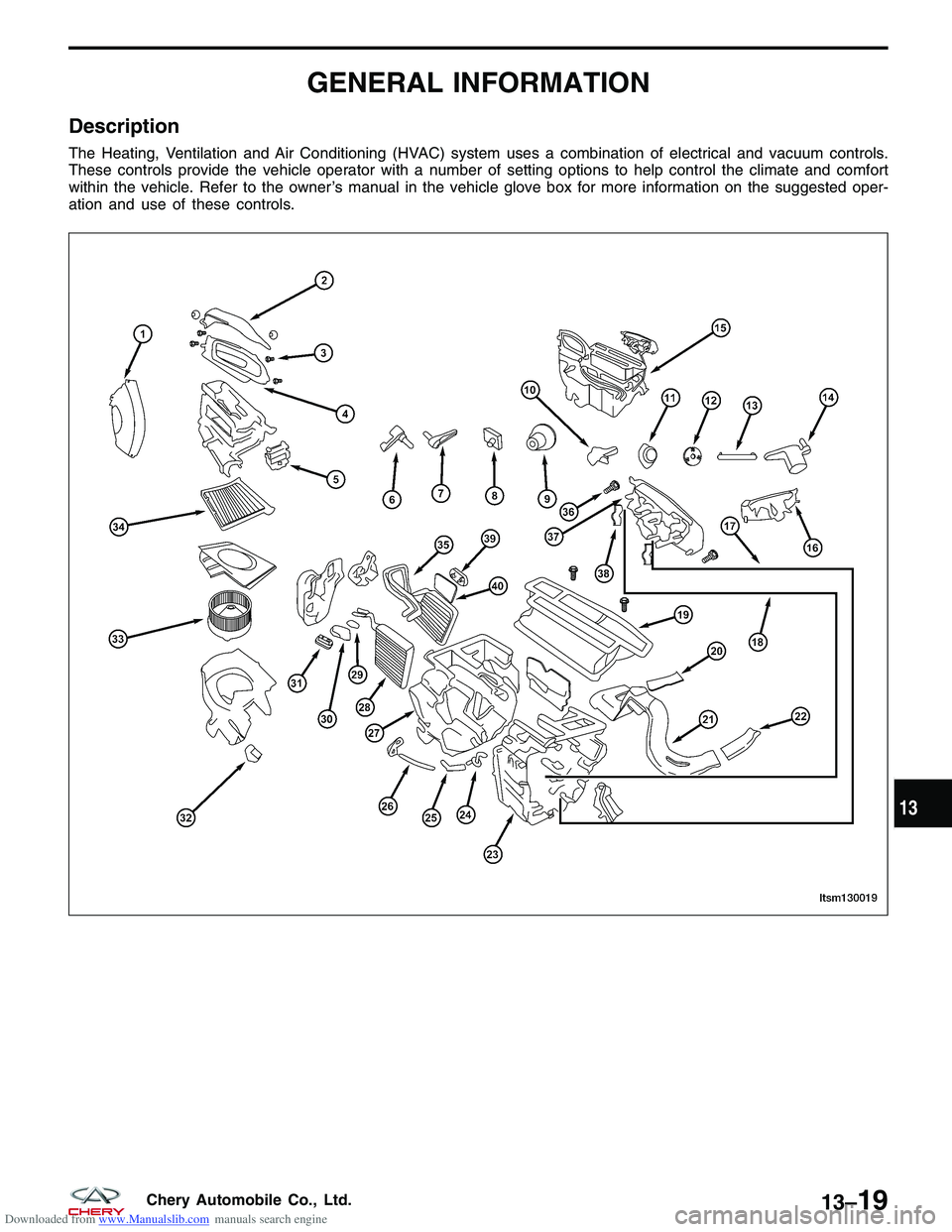 CHERY TIGGO 2009 Service Repair Manual Downloaded from www.Manualslib.com manuals search engine GENERAL INFORMATION
Description
The Heating, Ventilation and Air Conditioning (HVAC) system uses a combination of electrical and vacuum control CHERY TIGGO 2009 Service Repair Manual Downloaded from www.Manualslib.com manuals search engine GENERAL INFORMATION
Description
The Heating, Ventilation and Air Conditioning (HVAC) system uses a combination of electrical and vacuum control