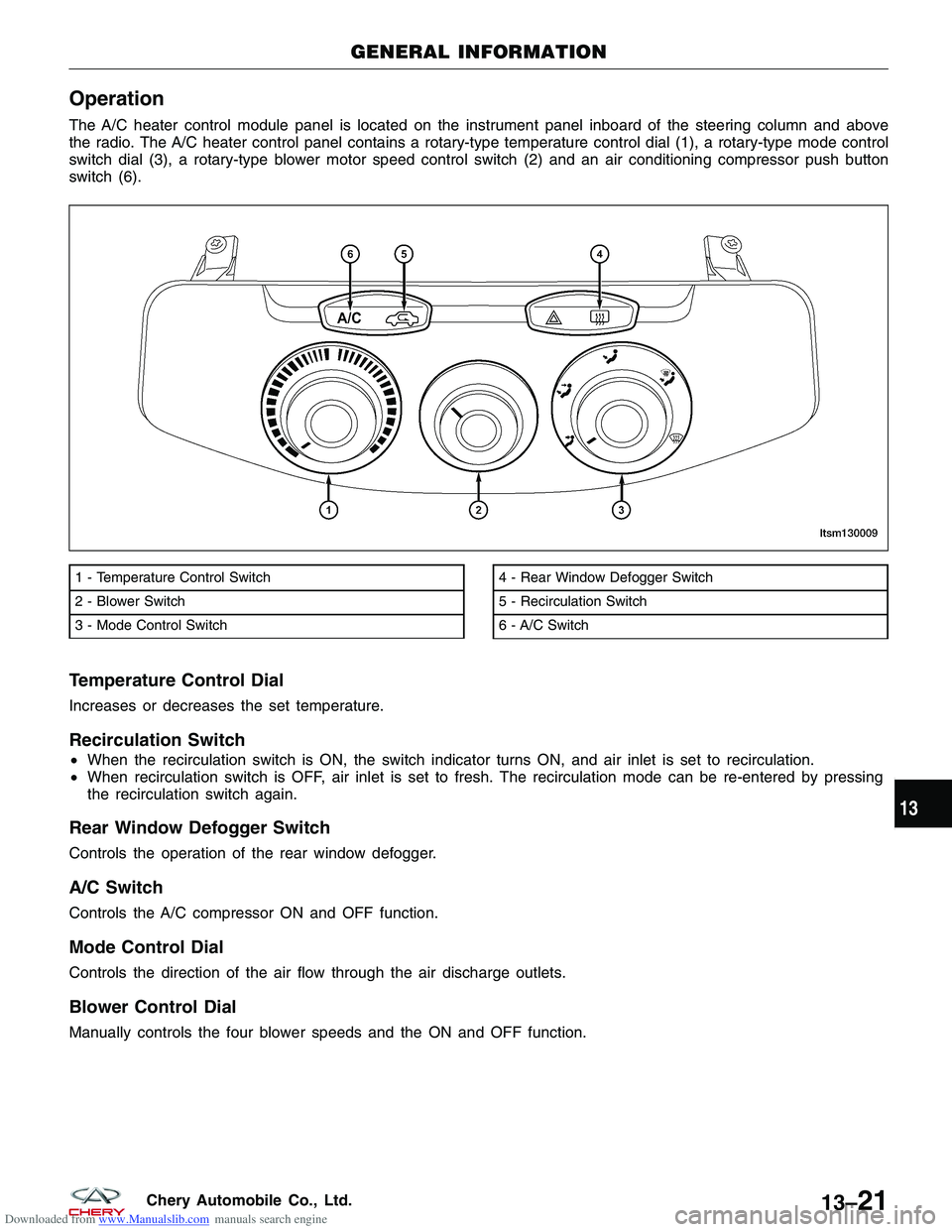 CHERY TIGGO 2009  Service Repair Manual Downloaded from www.Manualslib.com manuals search engine Operation
The A/C heater control module panel is located on the instrument panel inboard of the steering column and above
the radio. The A/C he