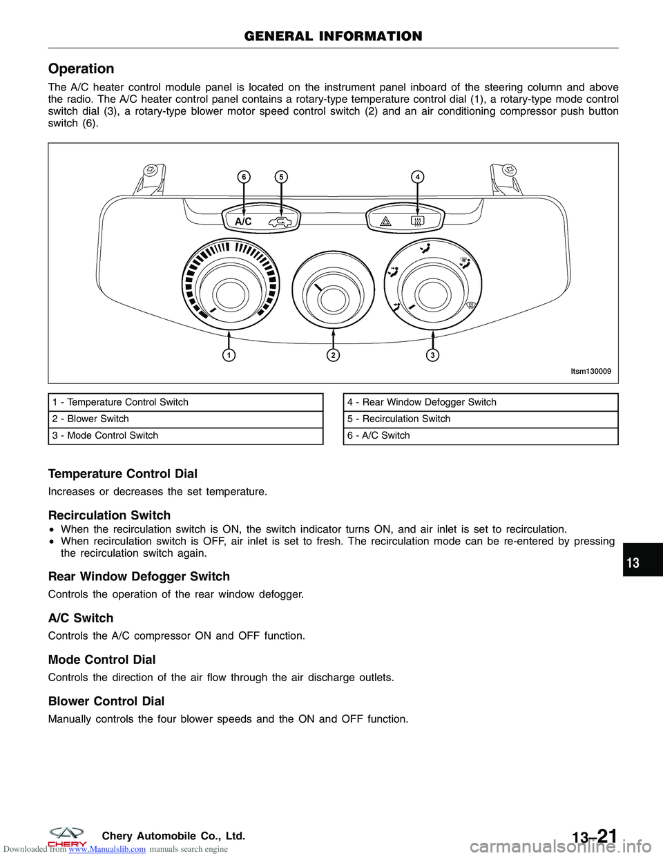 CHERY TIGGO 2009 Service Repair Manual Downloaded from www.Manualslib.com manuals search engine Operation
The A/C heater control module panel is located on the instrument panel inboard of the steering column and above
the radio. The A/C he CHERY TIGGO 2009 Service Repair Manual Downloaded from www.Manualslib.com manuals search engine Operation
The A/C heater control module panel is located on the instrument panel inboard of the steering column and above
the radio. The A/C he
