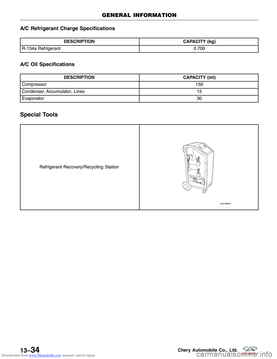 CHERY TIGGO 2009  Service Repair Manual Downloaded from www.Manualslib.com manuals search engine A/C Refrigerant Charge Specifications
DESCRIPTIONCAPACITY (kg)
R-134a Refrigerant 0.700
A/C Oil Specifications
DESCRIPTIONCAPACITY (ml)
Compres