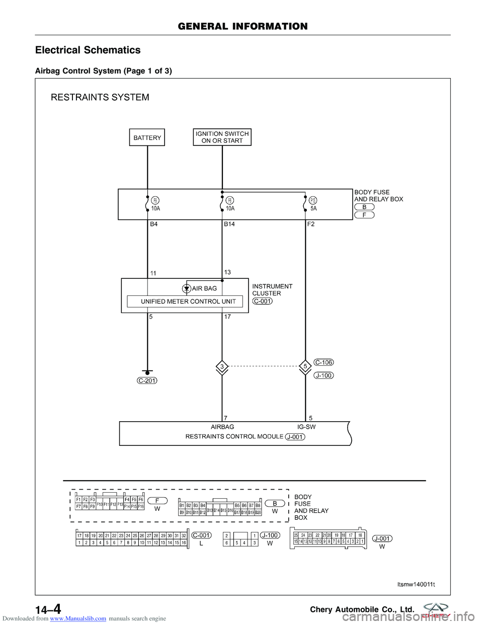 CHERY TIGGO 2009  Service User Guide Downloaded from www.Manualslib.com manuals search engine Electrical Schematics
Airbag Control System (Page 1 of 3)
GENERAL INFORMATION
LTSMW140011T
14–4Chery Automobile Co., Ltd.  