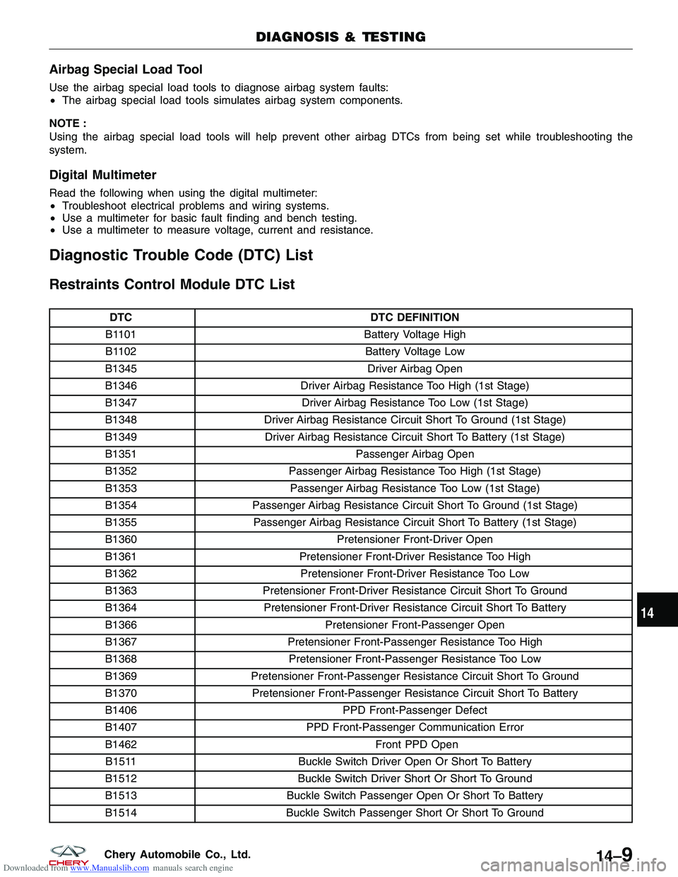 CHERY TIGGO 2009 Service Repair Manual Downloaded from www.Manualslib.com manuals search engine Airbag Special Load Tool
Use the airbag special load tools to diagnose airbag system faults:
•The airbag special load tools simulates airbag CHERY TIGGO 2009 Service Repair Manual Downloaded from www.Manualslib.com manuals search engine Airbag Special Load Tool
Use the airbag special load tools to diagnose airbag system faults:
•The airbag special load tools simulates airbag