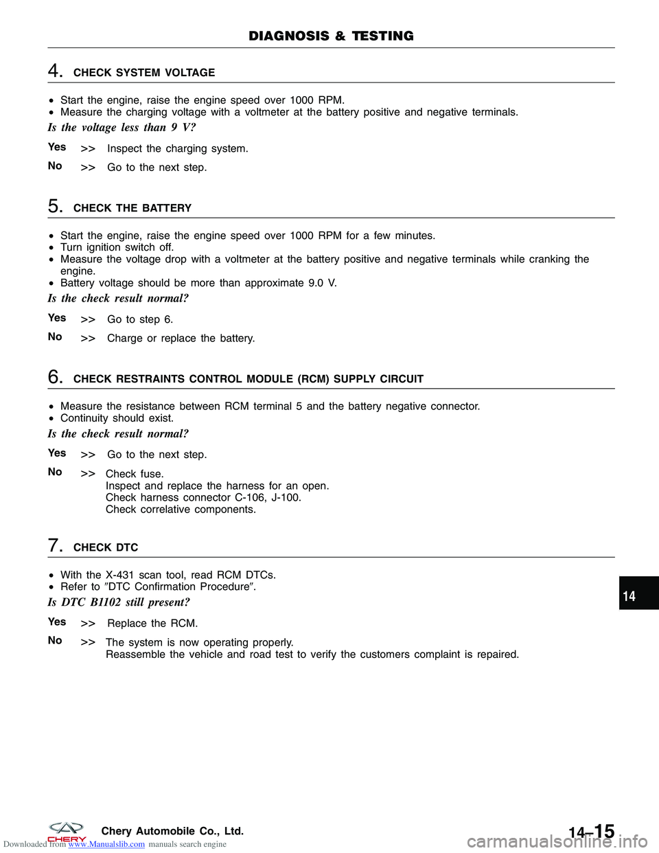 CHERY TIGGO 2009  Service Repair Manual Downloaded from www.Manualslib.com manuals search engine 4.CHECK SYSTEM VOLTAGE
• Start the engine, raise the engine speed over 1000 RPM.
• Measure the charging voltage with a voltmeter at the bat
