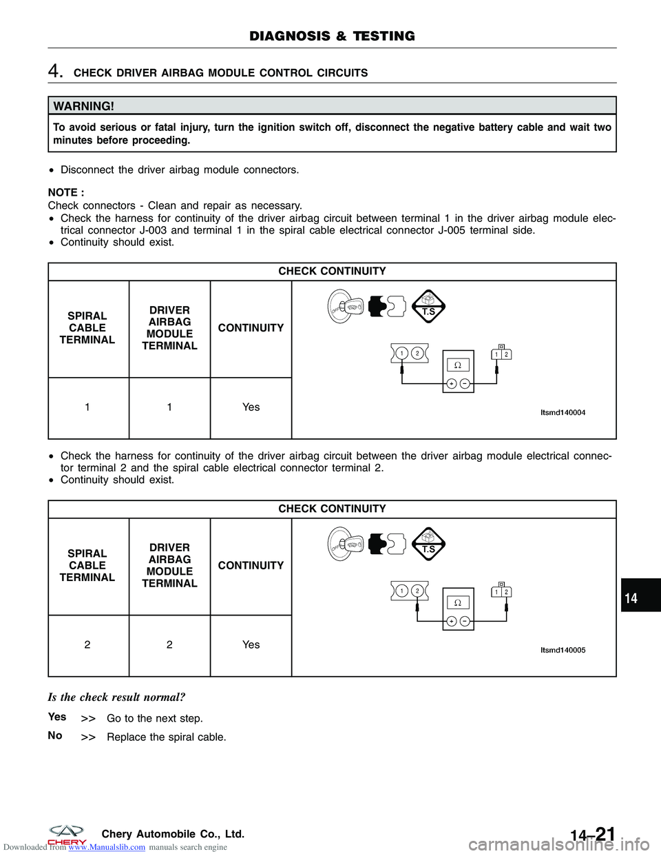 CHERY TIGGO 2009  Service Repair Manual Downloaded from www.Manualslib.com manuals search engine 4.CHECK DRIVER AIRBAG MODULE CONTROL CIRCUITS
WARNING!
To avoid serious or fatal injury, turn the ignition switch off, disconnect the negative 