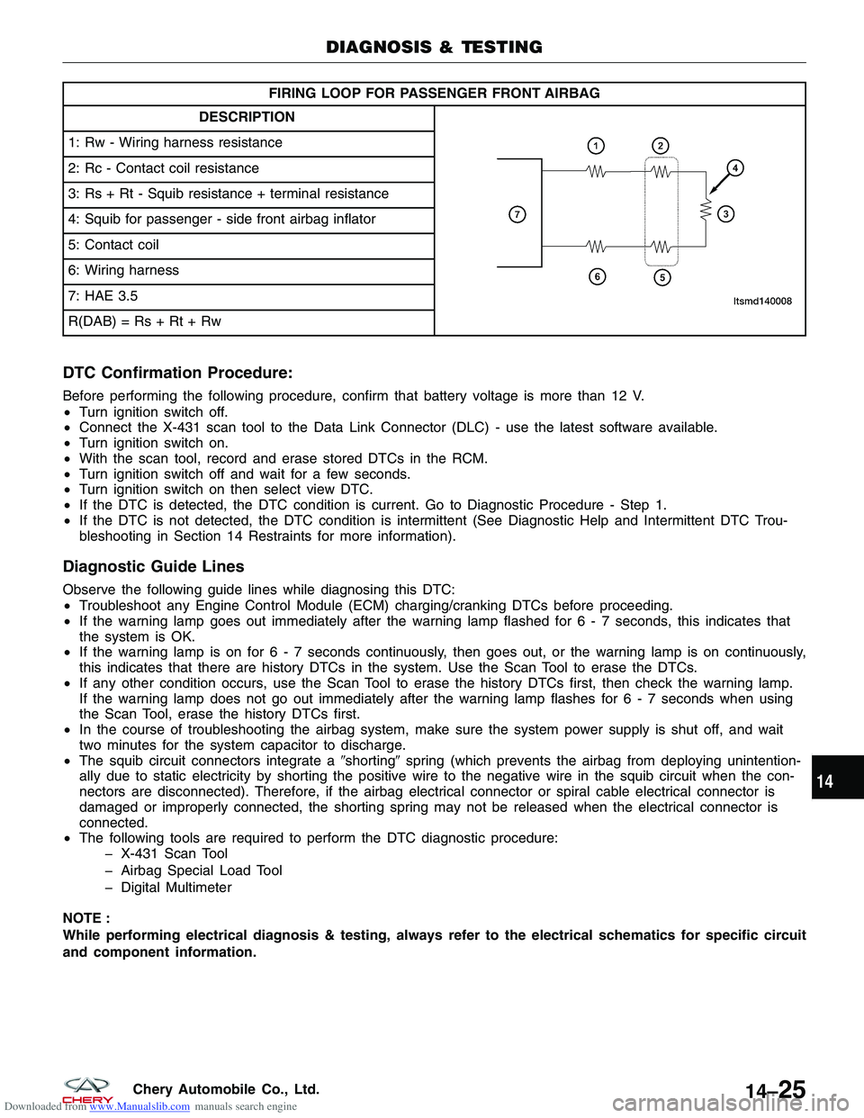 CHERY TIGGO 2009 Service Repair Manual Downloaded from www.Manualslib.com manuals search engine FIRING LOOP FOR PASSENGER FRONT AIRBAG
DESCRIPTION
1: Rw - Wiring harness resistance
2: Rc - Contact coil resistance
3: Rs + Rt - Squib resista CHERY TIGGO 2009 Service Repair Manual Downloaded from www.Manualslib.com manuals search engine FIRING LOOP FOR PASSENGER FRONT AIRBAG
DESCRIPTION
1: Rw - Wiring harness resistance
2: Rc - Contact coil resistance
3: Rs + Rt - Squib resista