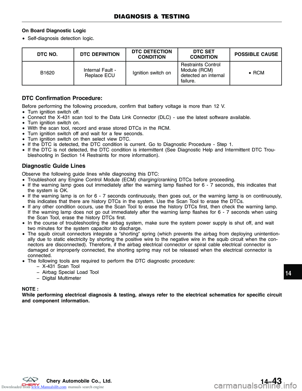 CHERY TIGGO 2009 Service Repair Manual Downloaded from www.Manualslib.com manuals search engine On Board Diagnostic Logic
•Self-diagnosis detection logic.
DTC NO. DTC DEFINITION DTC DETECTION
CONDITION DTC SET
CONDITION POSSIBLE CAUSE
B1 CHERY TIGGO 2009 Service Repair Manual Downloaded from www.Manualslib.com manuals search engine On Board Diagnostic Logic
•Self-diagnosis detection logic.
DTC NO. DTC DEFINITION DTC DETECTION
CONDITION DTC SET
CONDITION POSSIBLE CAUSE
B1