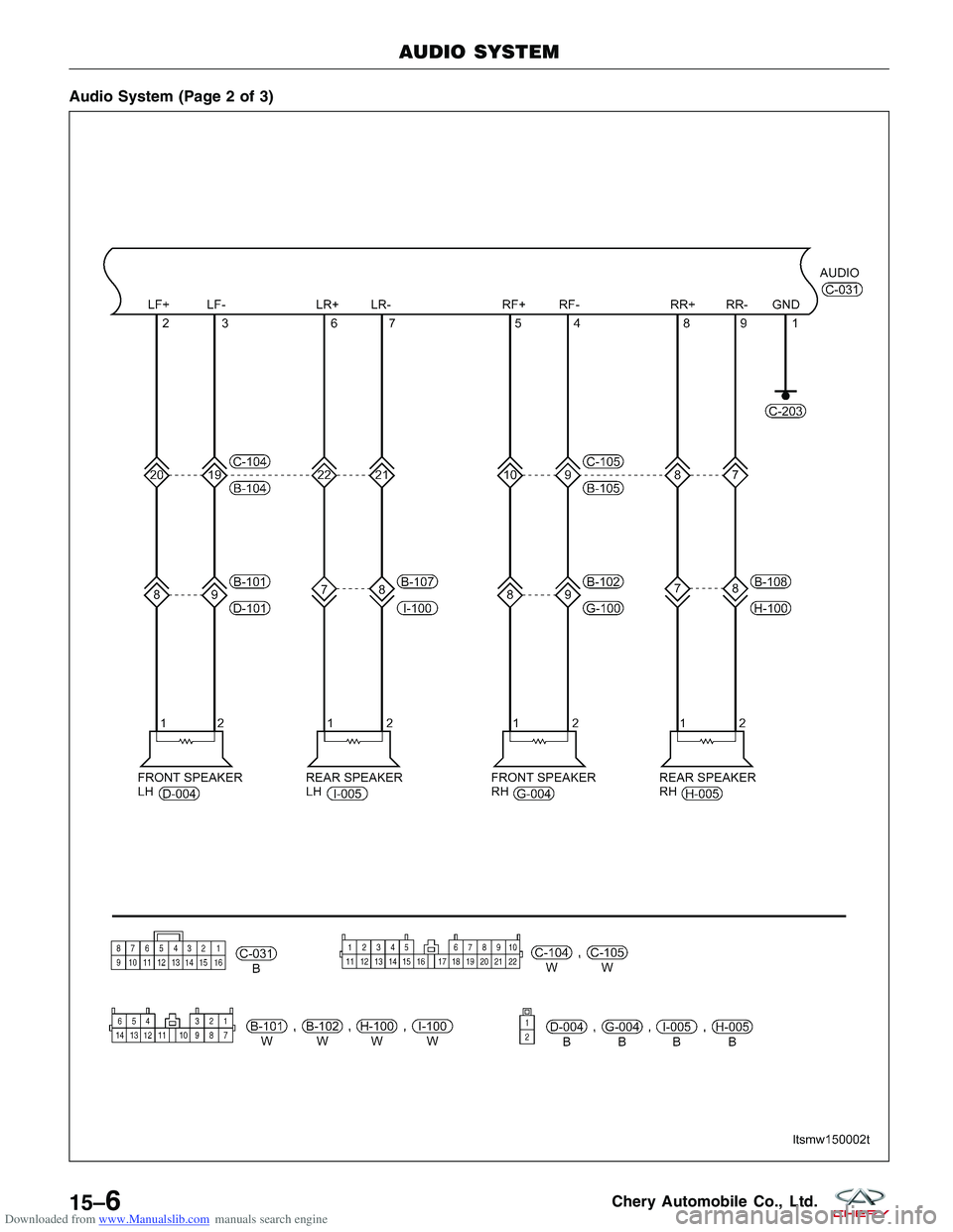 CHERY TIGGO 2009  Service Repair Manual Downloaded from www.Manualslib.com manuals search engine Audio System (Page 2 of 3)
AUDIO SYSTEM
LTSMW150002T
15–6Chery Automobile Co., Ltd.  