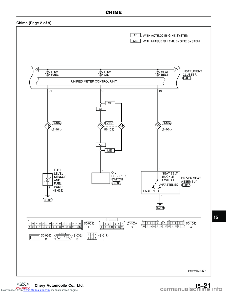 CHERY TIGGO 2009  Service Repair Manual Downloaded from www.Manualslib.com manuals search engine Chime (Page 2 of 9)
CHIME
LTSMW150069T
15
15–21Chery Automobile Co., Ltd.  